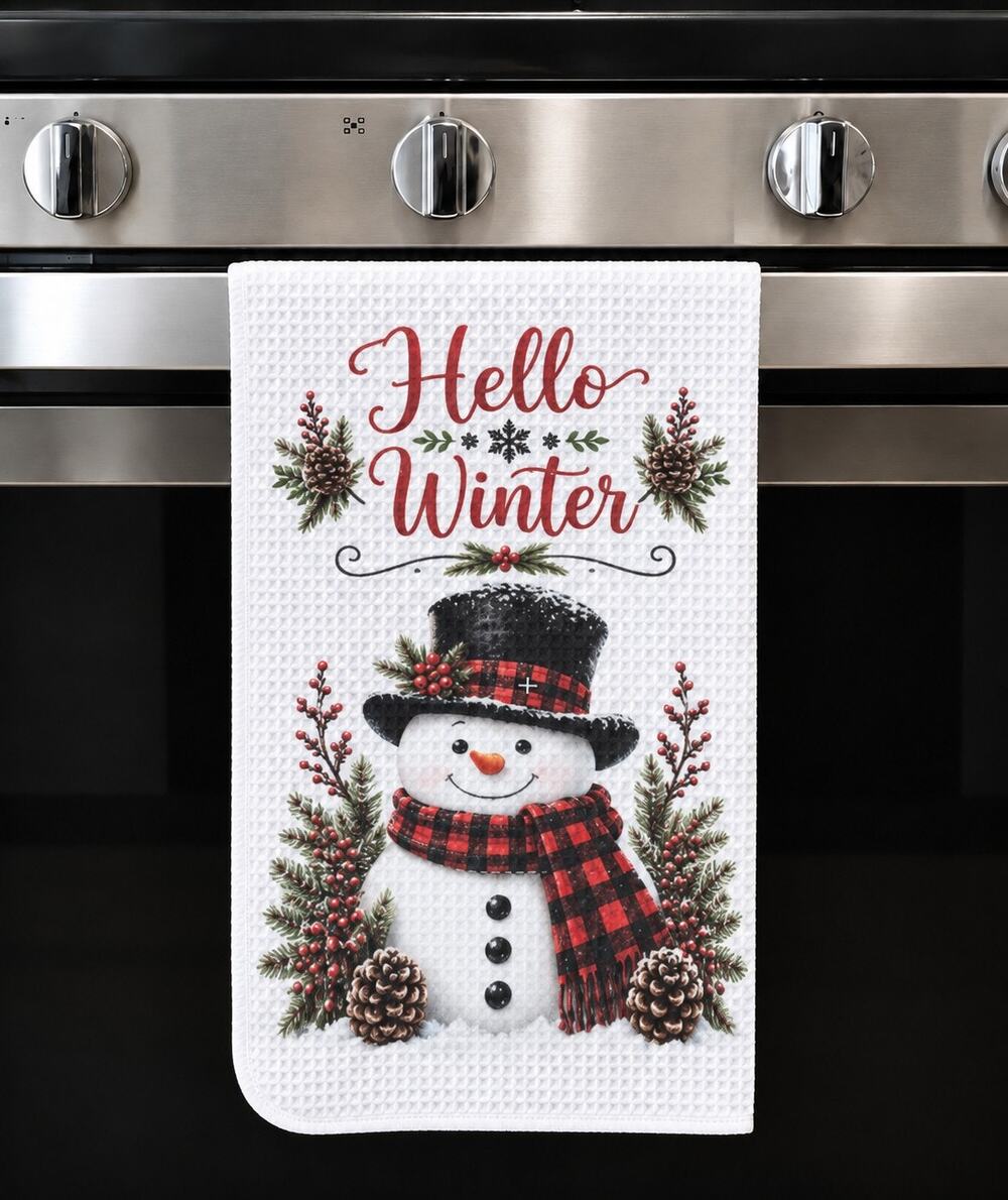 Hello Winter Snowman Christmas Kitchen Towel Farmhouse Holiday Decor